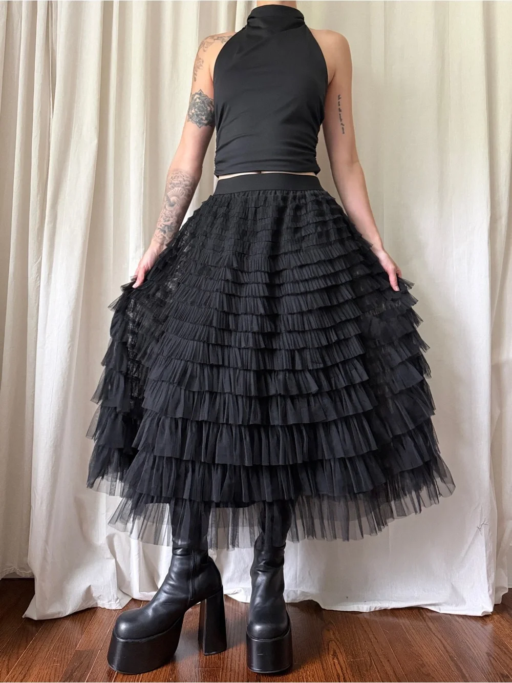 Black Tiered Ruffle Maxi Skirt Size Women's Size Large | Goth Avant Garde